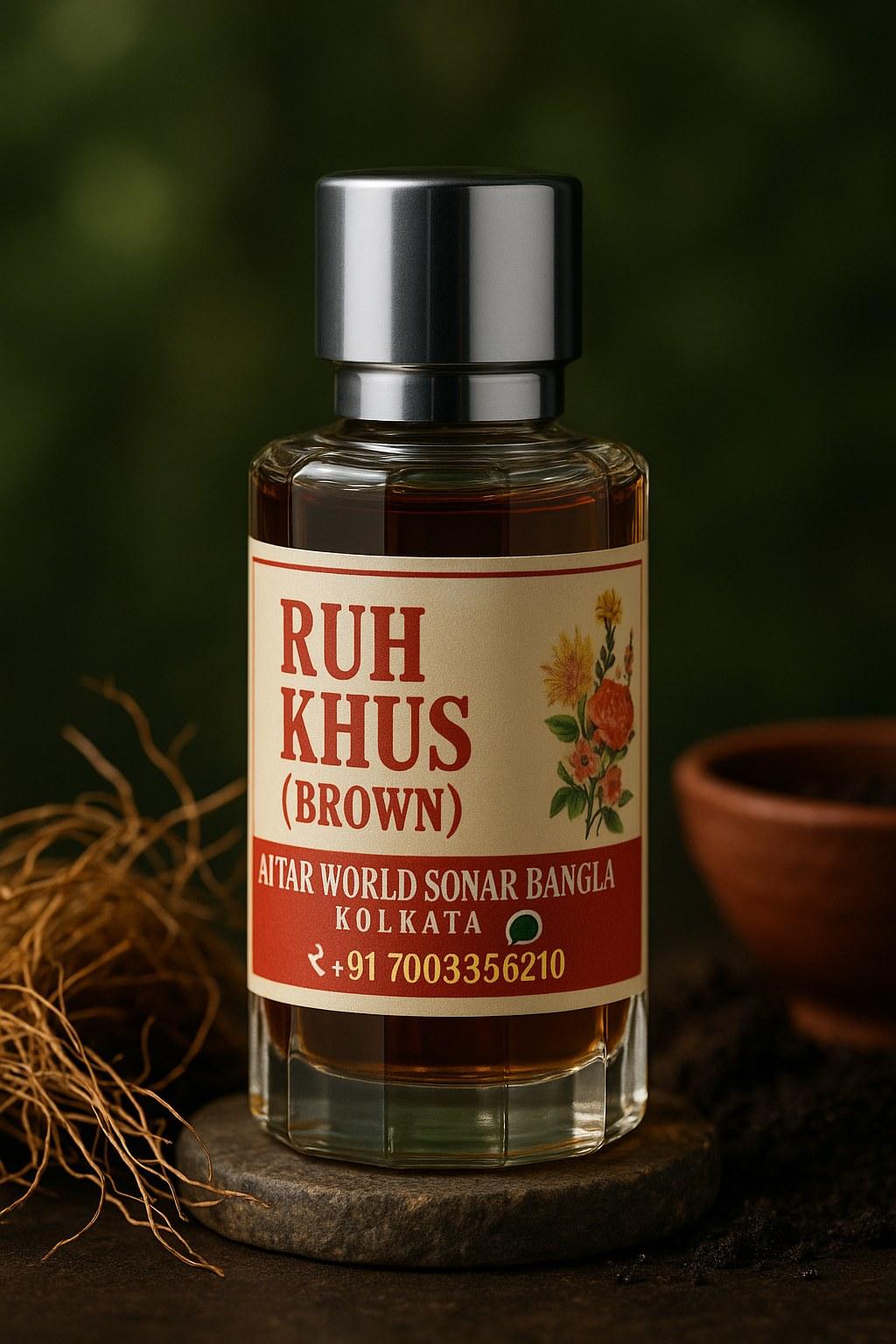 Ruh Khus (Brown) attar, front view [shoot-v2 angle 1]