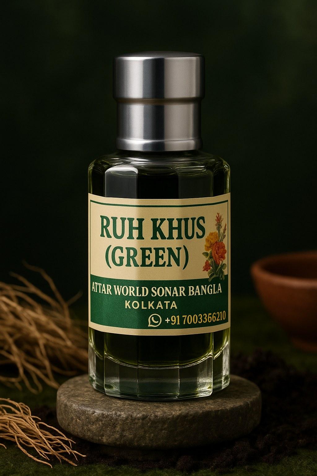 Ruh Khus (Green) attar, front view [shoot-v2 angle 1]
